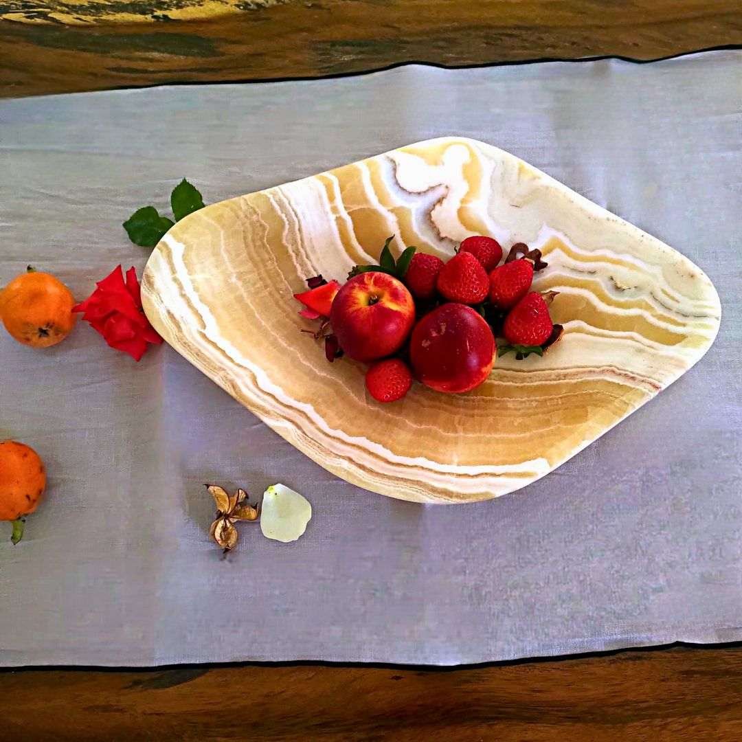 Centro de mesa decorativo de ónix miel, 40 cm de ancho, con vetas naturales y diseño exclusivo
