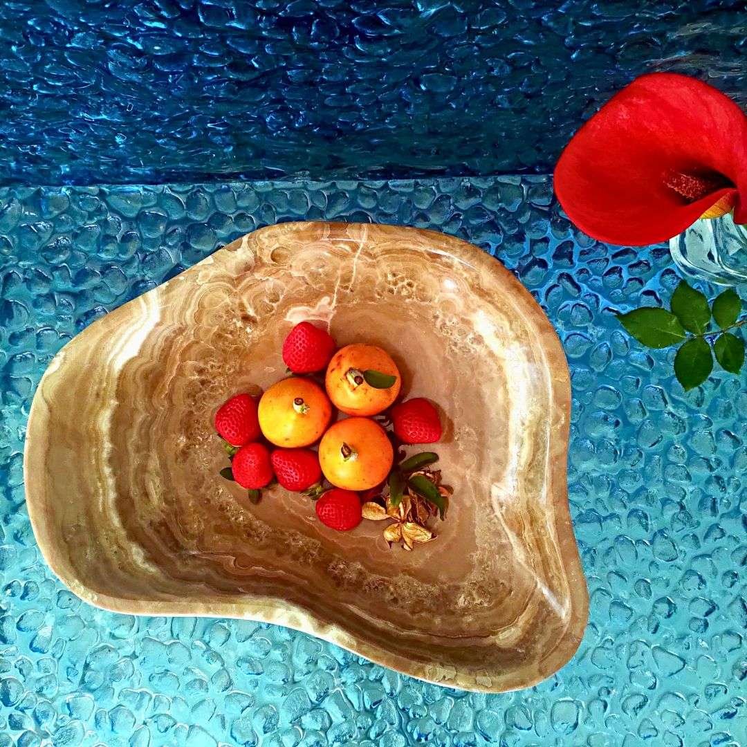 Moderne Deko Schüssel aus Onyx-Marmor, ideal als Centerpiece, Kerzentablett und stilvolle Ablage für Kleinigkeiten