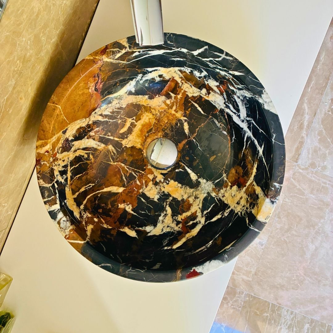 Lavamanos de mármol negro con vetas doradas para baño de lujo