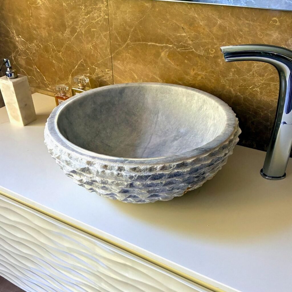 Lavabo rústico de mármol blanco redondo para encimera de baño