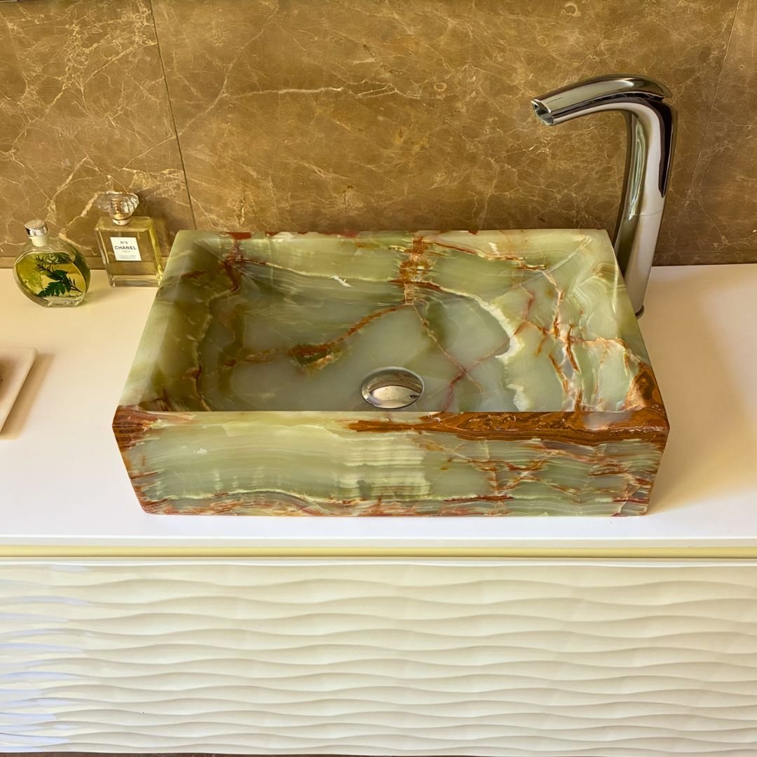Polished green onyx vanity sink rectangular shape for contemporary bathrooms