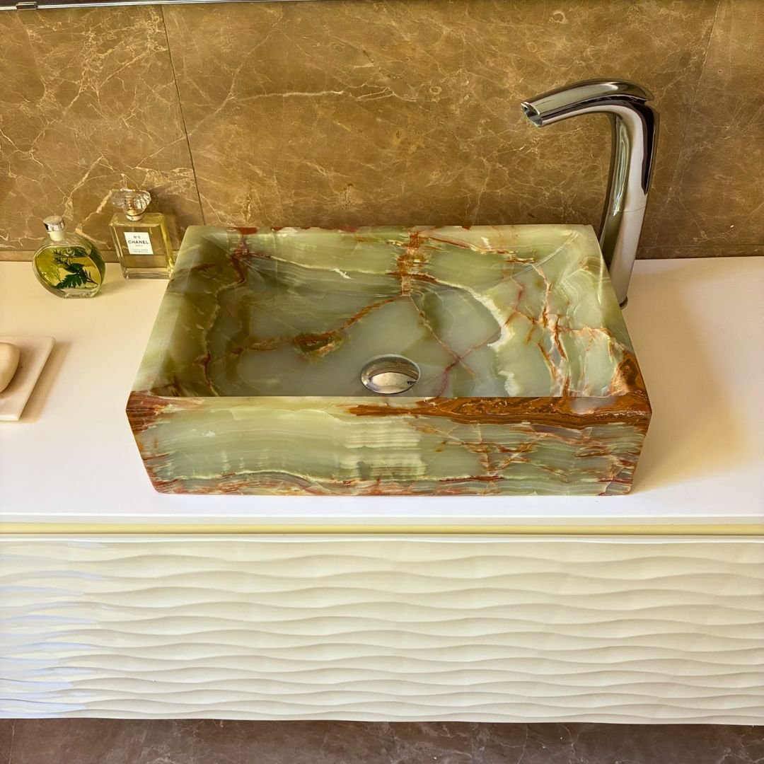 Large rectangular bathroom sink in green onyx for premium interiors