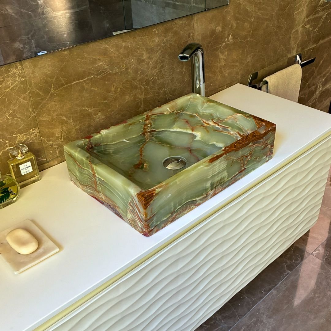 Green Onyx Rectangular Vanity Sink with polished surface for luxury bathrooms