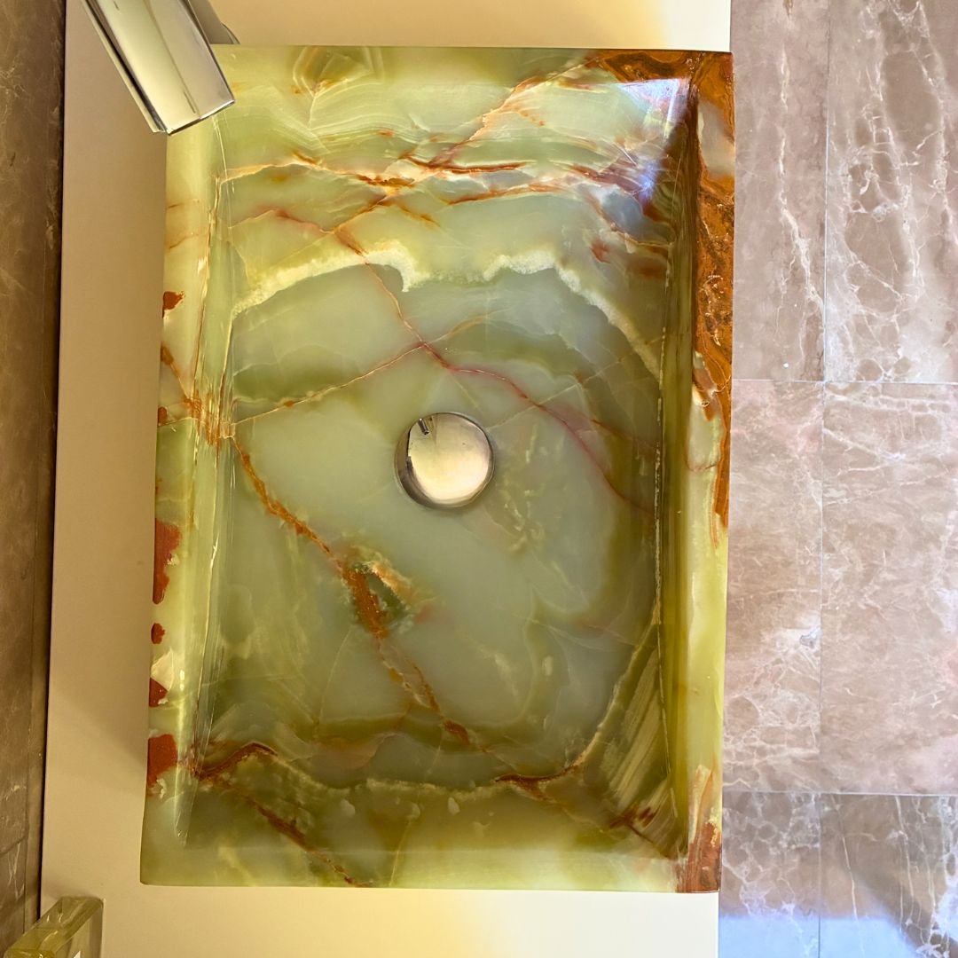 Designer rectangular onyx sink in green stone with glossy finish