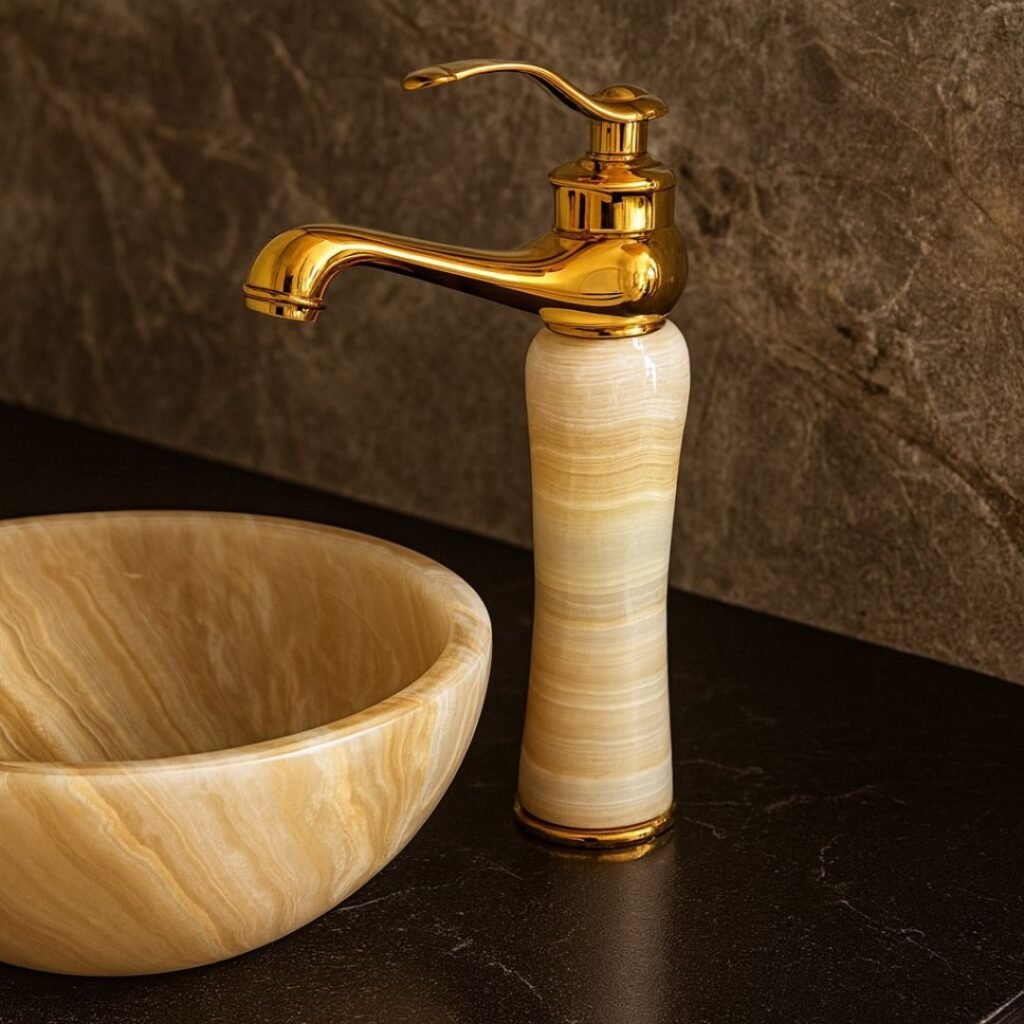 Grifo de lavabo caño alto con acabado dorado en laton y piedra natural