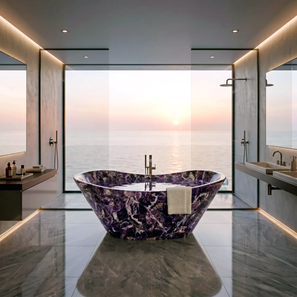 Bañera independiente de piedra natural en amatista de diseño contemporáneo