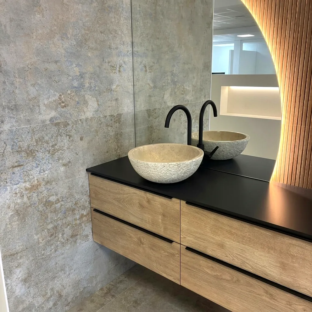 Lavabo de mármol beige redondo sobre encimera negra moderna