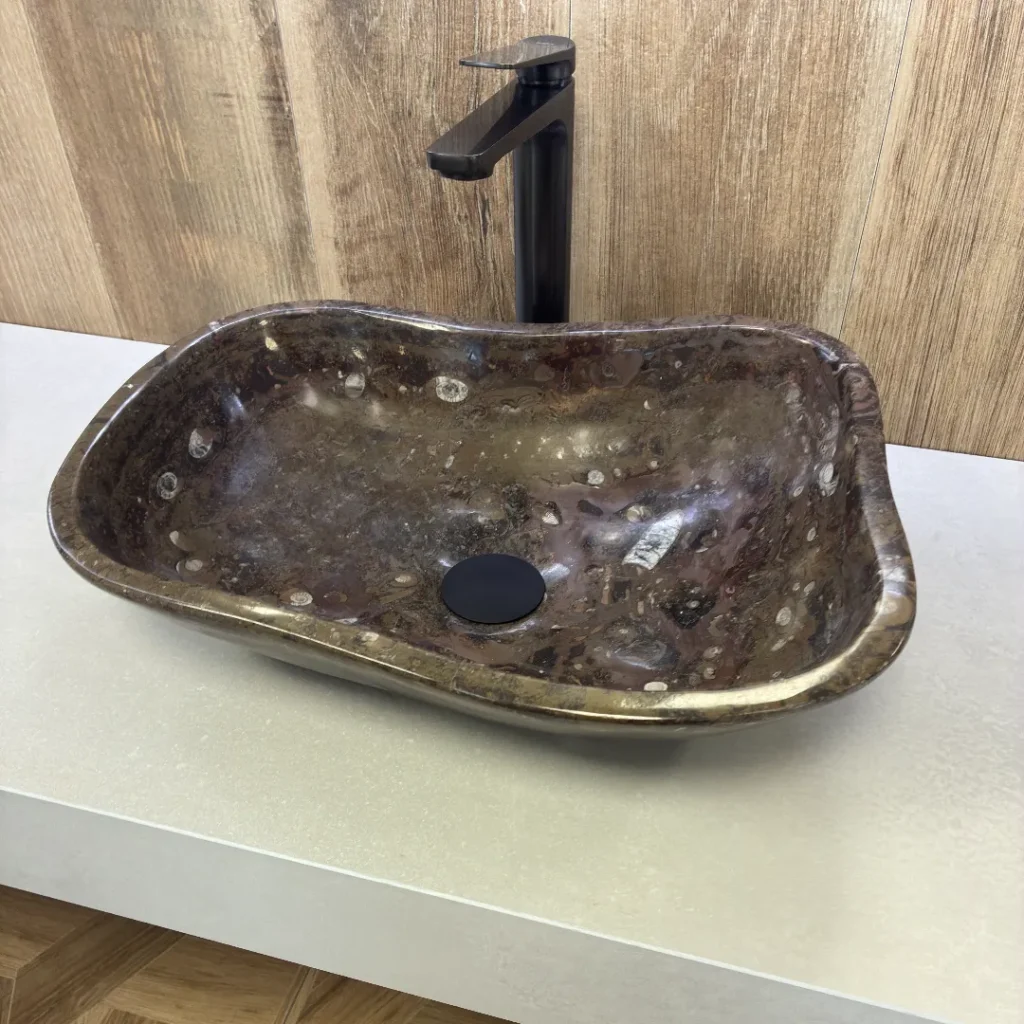 Marble sink in brown fossil stone, large
