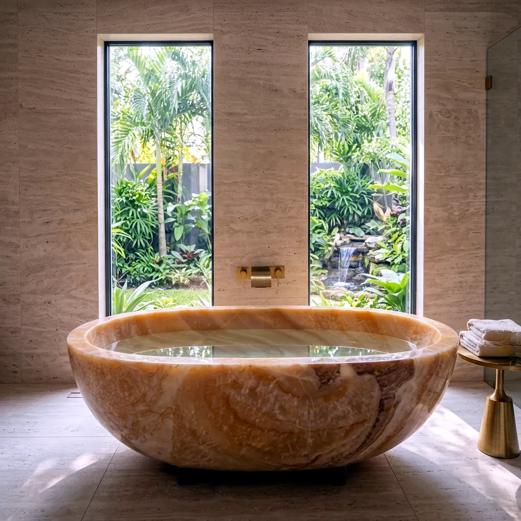 Bañera de piedra natural ónix toffee con diseño premium
