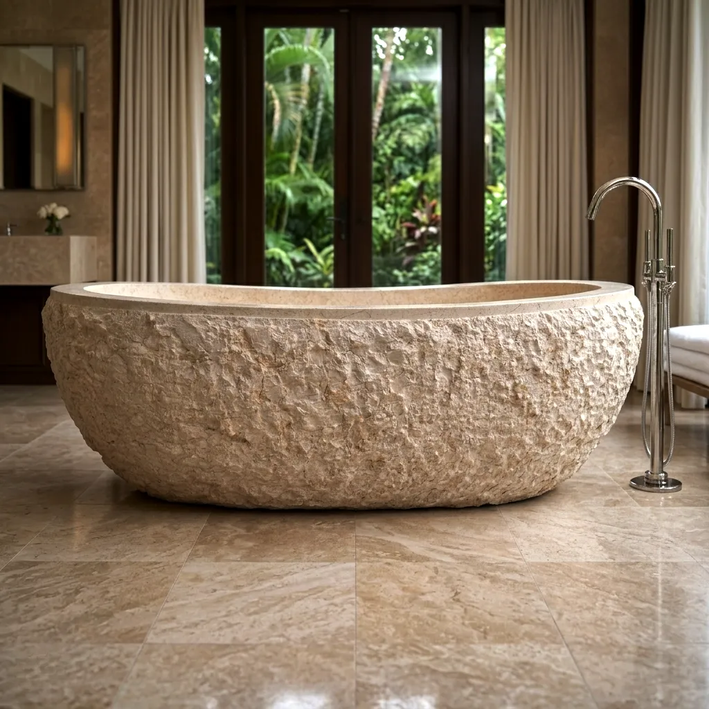 Bañera de mármol beige exenta con exterior rugoso para baño moderno