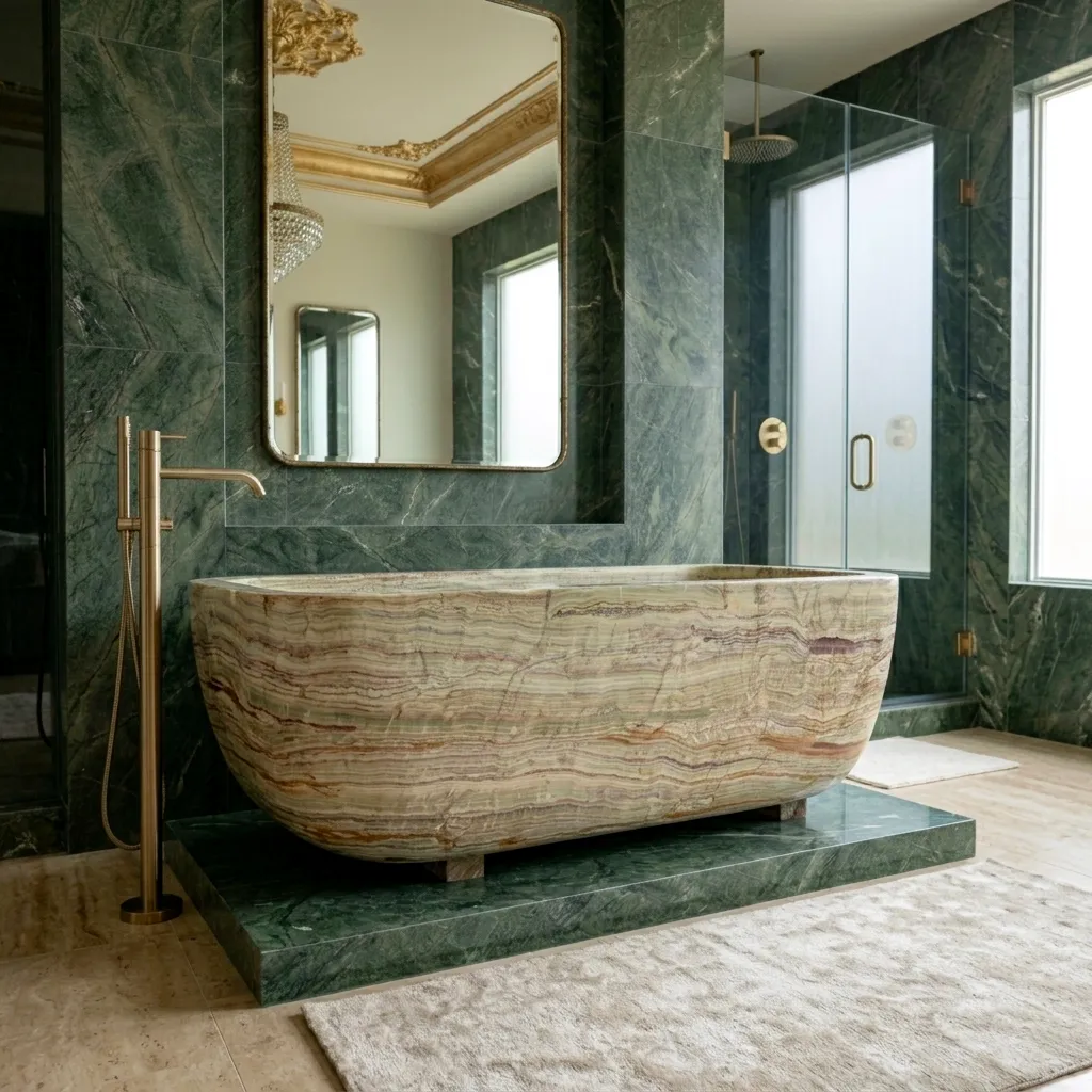 Bañera exenta de piedra natural ónix verde para interiores o exteriores