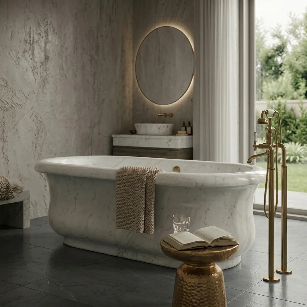 bañera de mármol blanco 160 cm en baño moderno