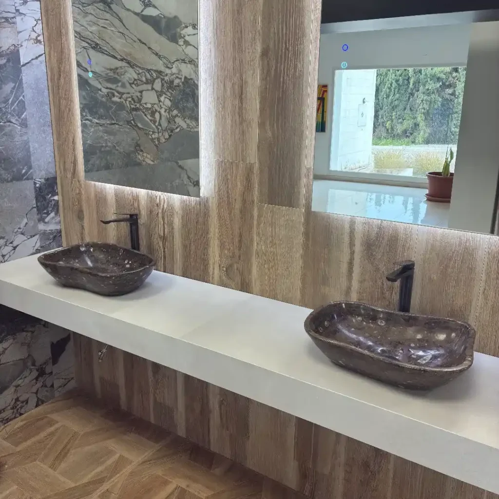 Marble vessel sinks with shells for vanity cabinet with