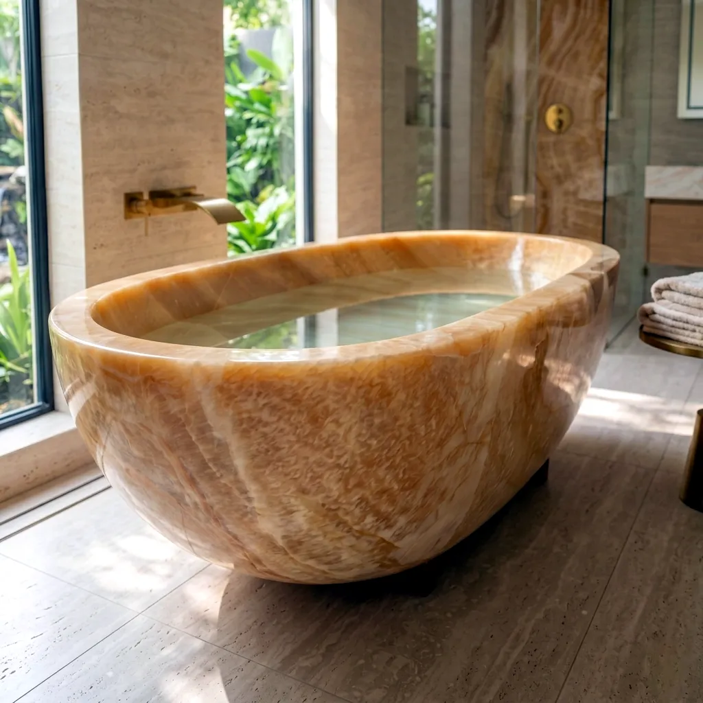 Bañera de ónix macizo en acabado naranja cálido para proyectos de baño exclusivos