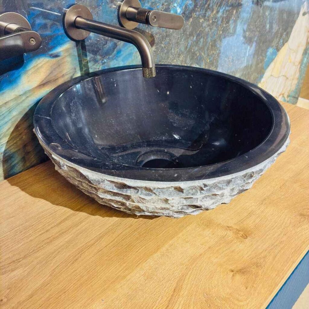 lavabo de mármol negro redondo para sobre encimera de baño