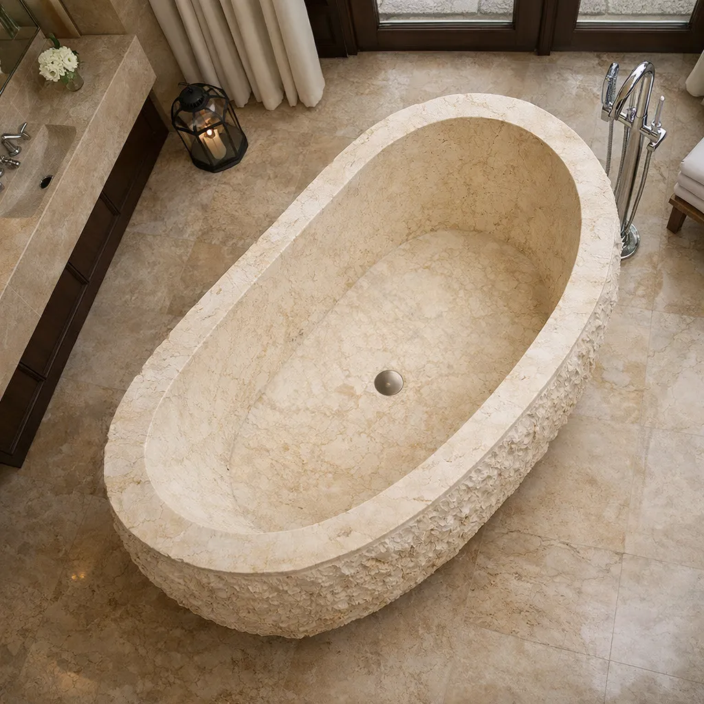 Bañera de mármol beige con forma oval y paredes naturales en un ambiente de baño sofisticado.