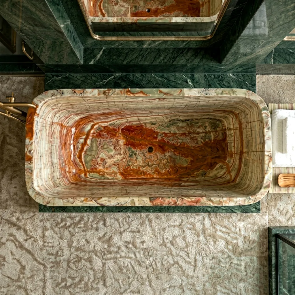 Bañera exenta de ónix verde con vetas naturales en baño contemporáneo