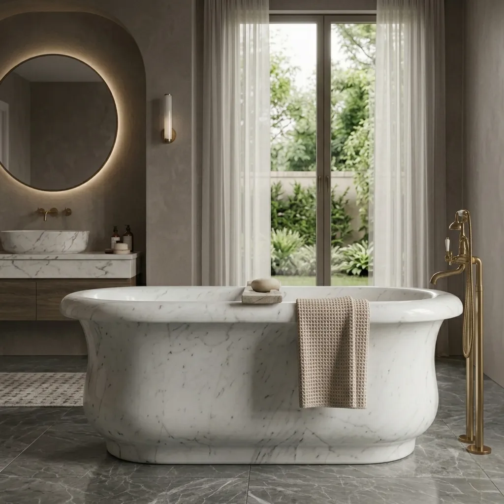 bañera de mármol blanco exenta para baño moderno elegante