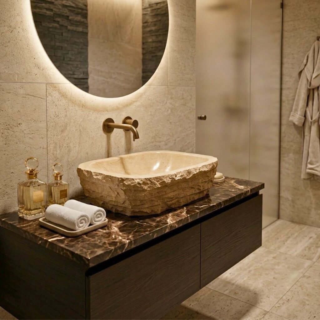 Beige marble sink basin designed for countertop installation. A natural marble wash basin perfect for contemporary bathrooms