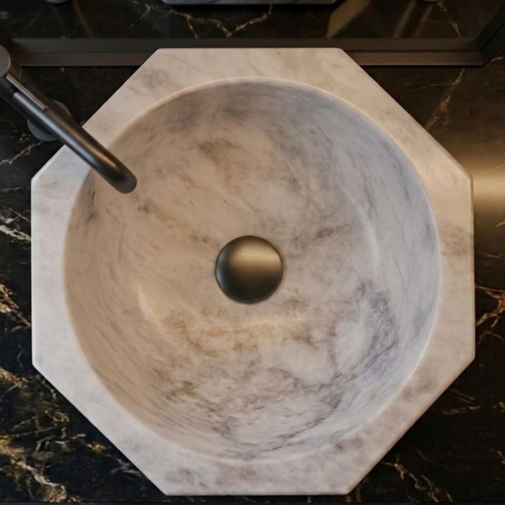 White marble countertop basin featuring natural veining and elegant design