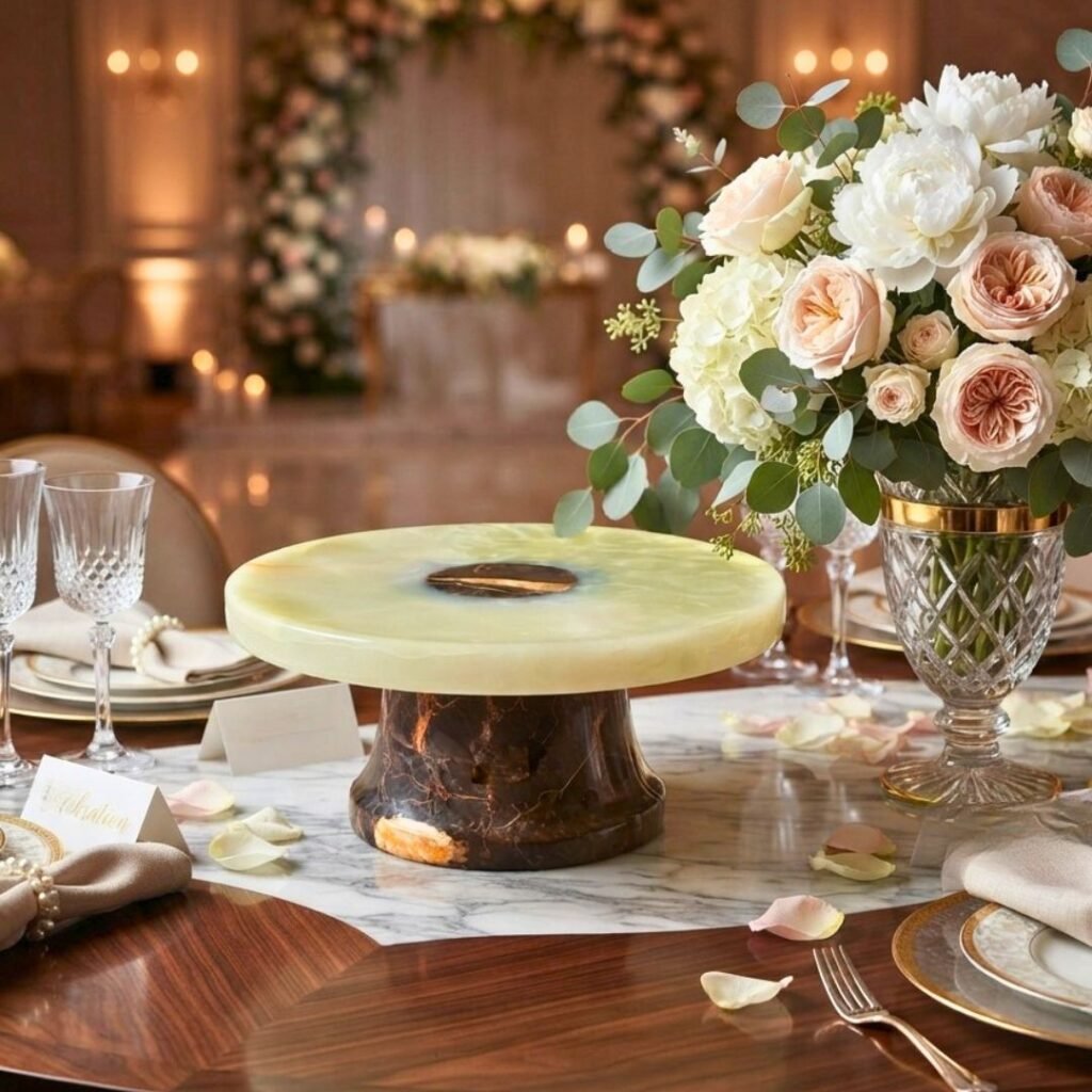 Plateau à gâteau sur pied au design moderne, idéal pour mettre en valeur desserts et pièces décoratives.