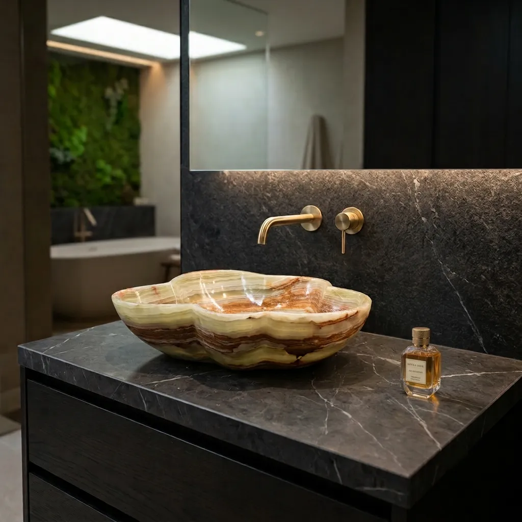 Vista lateral de lavamanos de piedra natural verde con diseño orgánico para encimera de baño