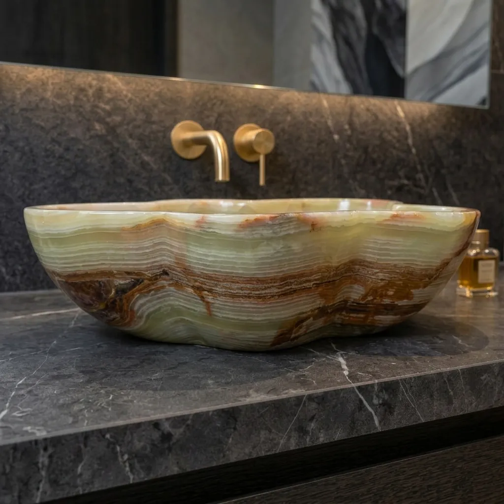 Lavabo de piedra natural Onix verde con forma irregular para instalar sobre encimera de mueble de baño