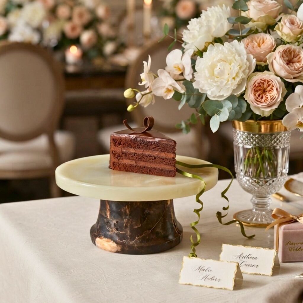 Plateau en marbre avec base sur pied, utilisé comme présentoir raffiné pour desserts ou décoration de table.