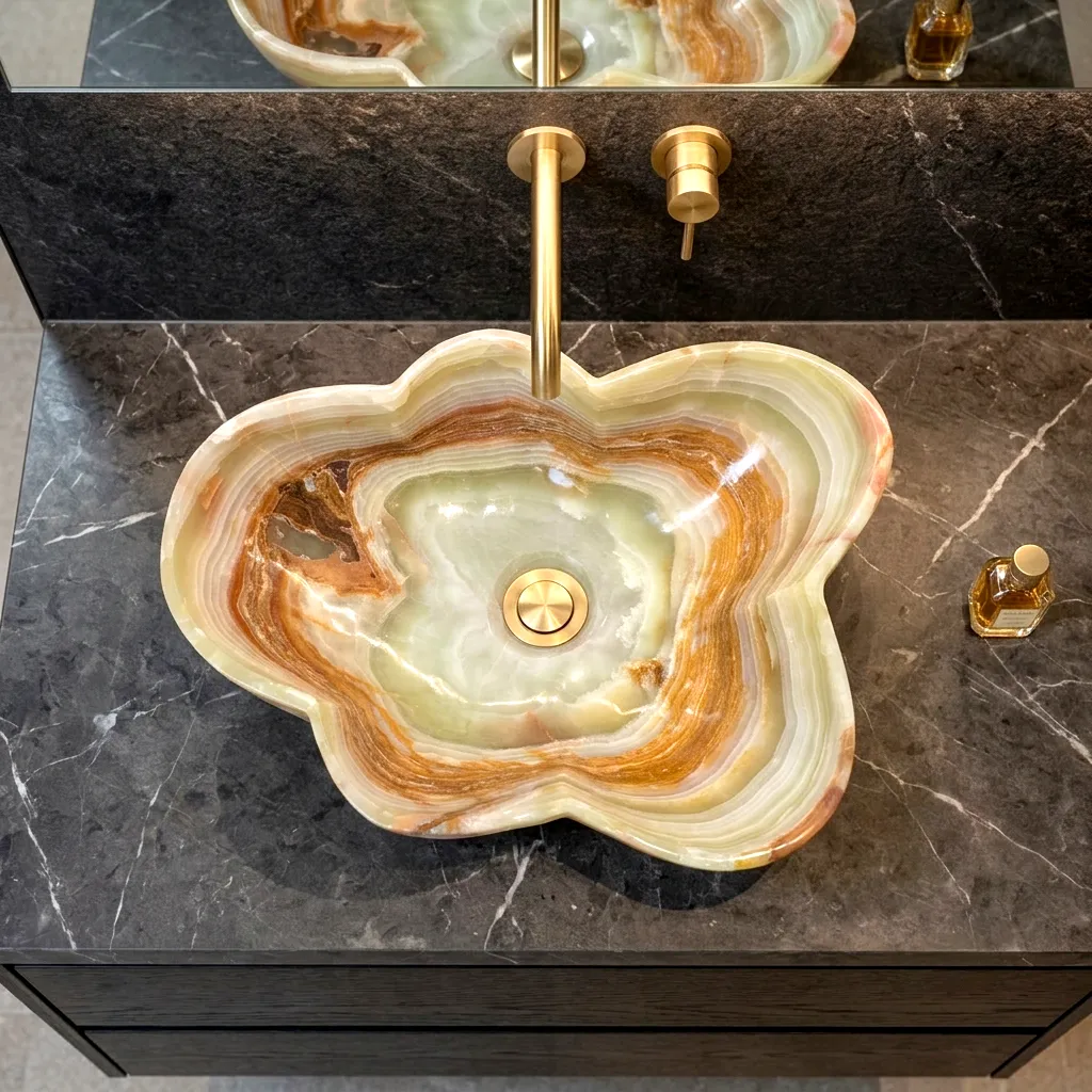 Kompakt håndvask i onyx til bordplade med naturlige årer og organisk design