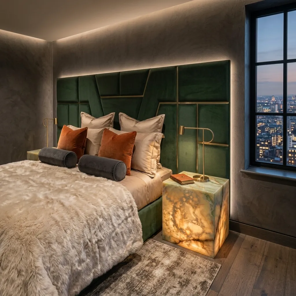 Piccolo tavolino da appoggio in onice collocato vicino al letto, con venature della pietra ben visibili.