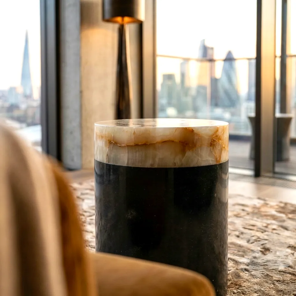 Närbild av ett Soffbord i svart marmor med vit onyx, där stenens naturliga ådringar syns tydligt.