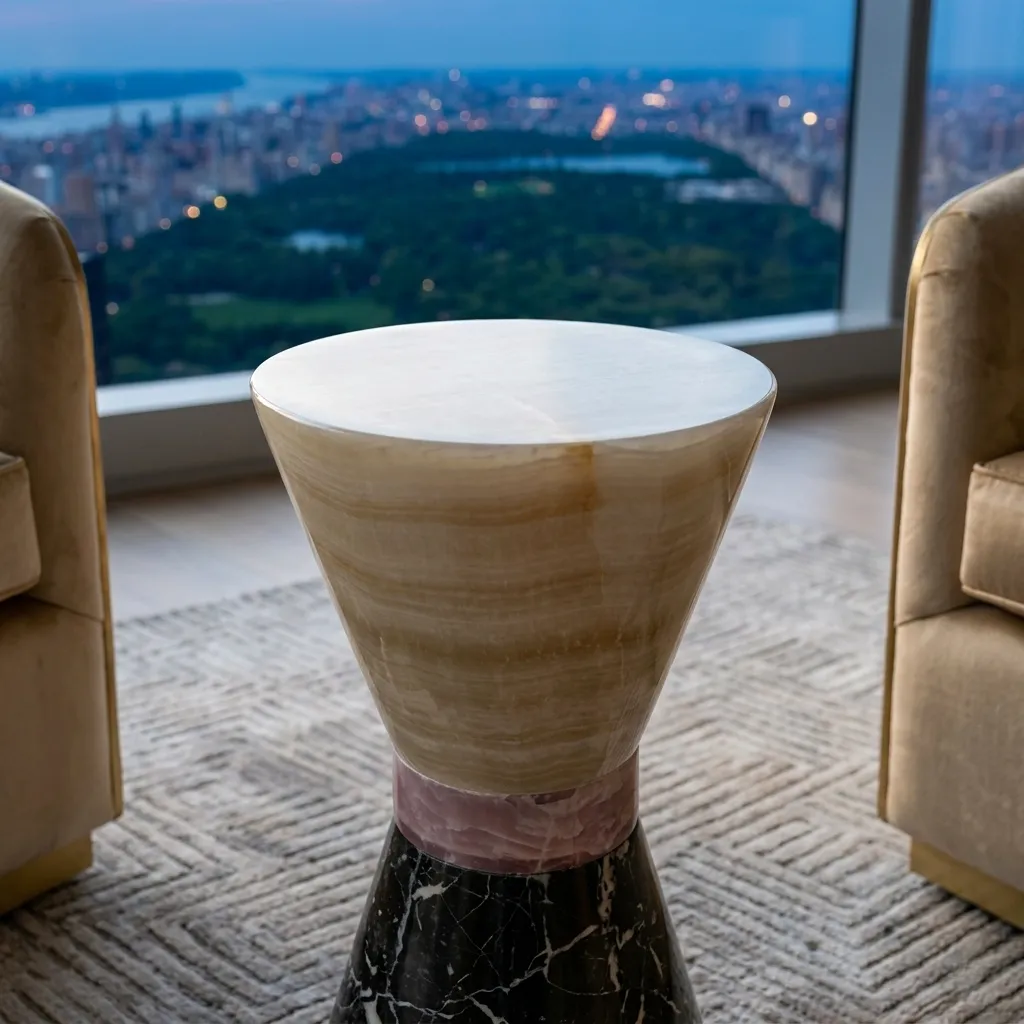Close‑up of the bedside table highlighting the pink onyx band and polished surface.