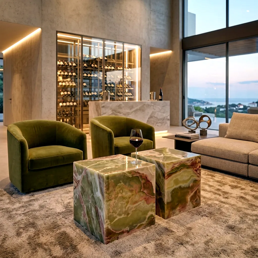 Mesa cúbica de ónix verde colocada en un salón amplio y contemporáneo, situada cerca del sofá y las butacas como pieza central.