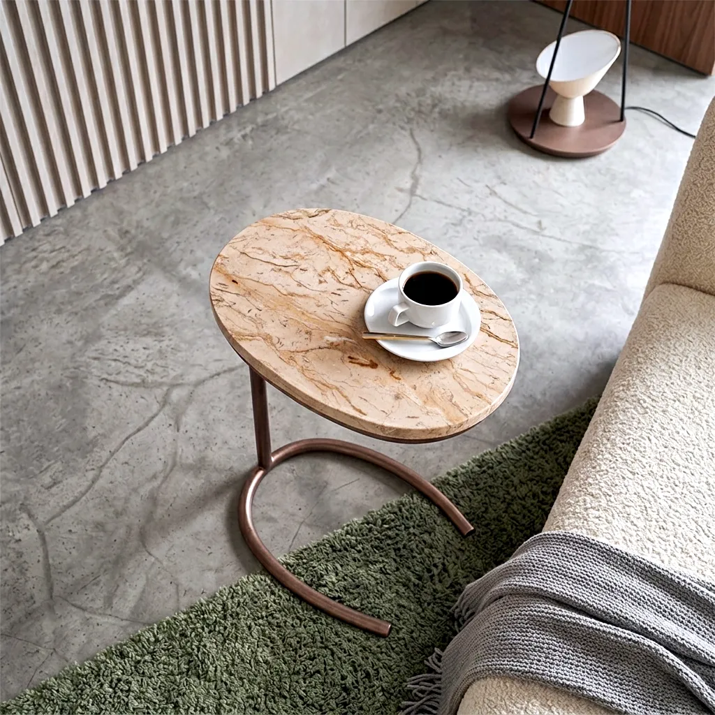 Soffbord i beige marmor i ett modernt, minimalistiskt vardagsrum bredvid en mysig soffa.