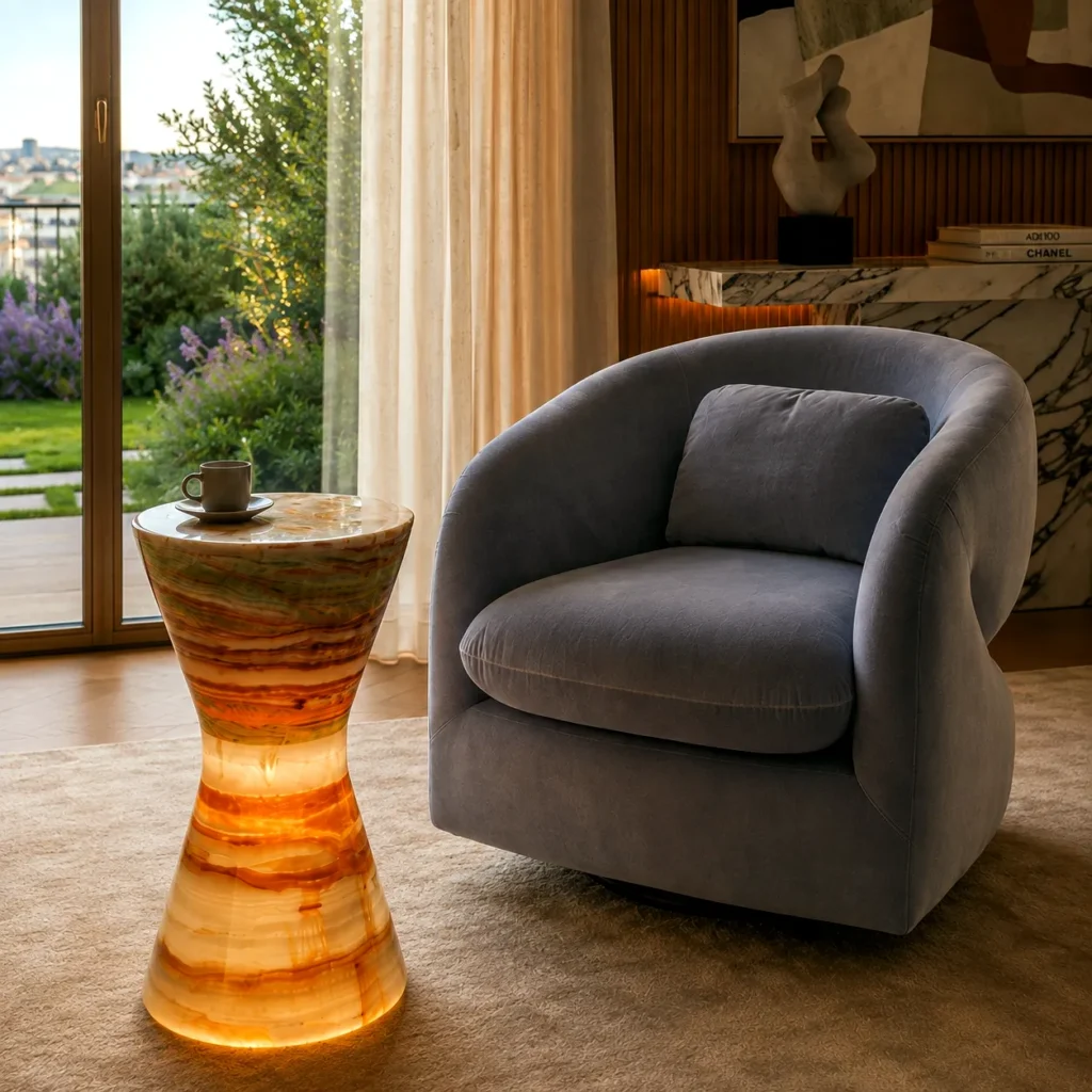 Onyx nightstand table with backlit white onyx base creating a warm ambient glow.