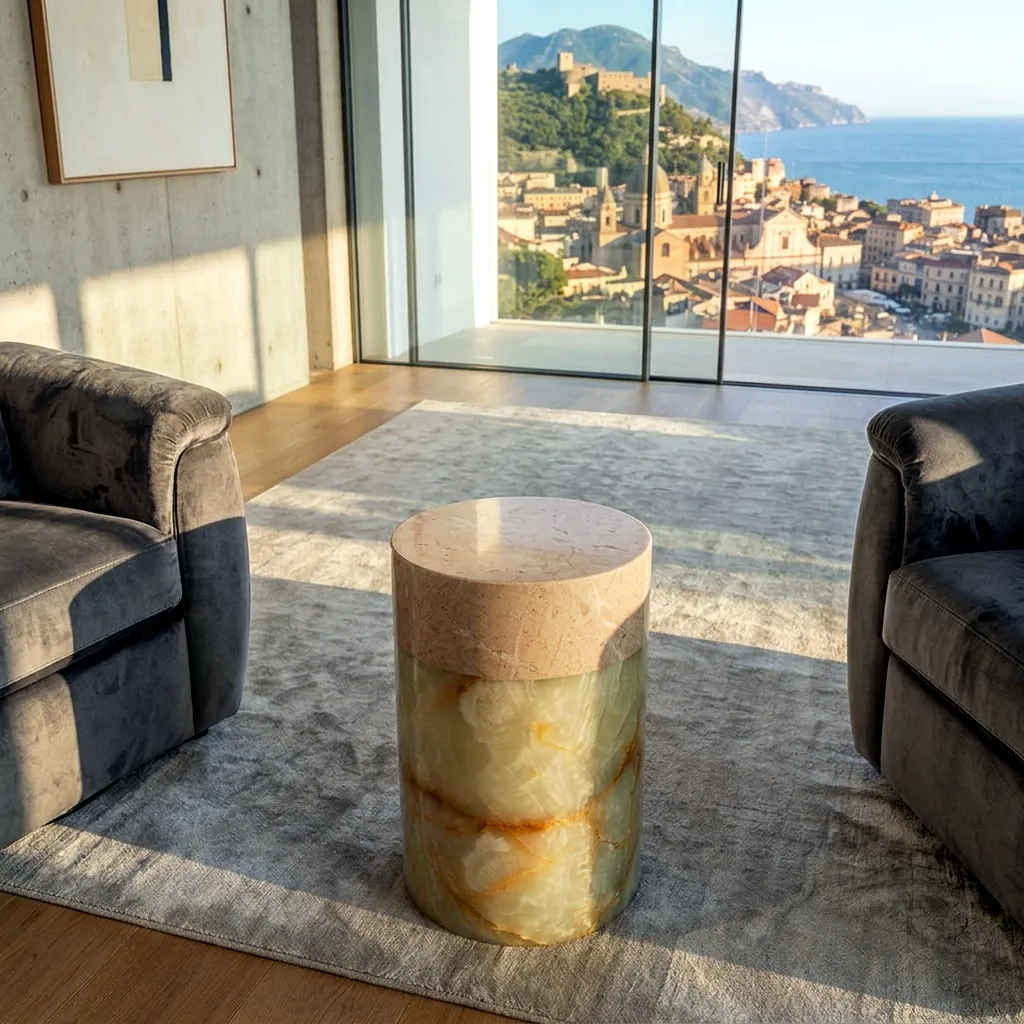 Couchtisch aus beigem Marmor und hellgrünem Onyx neben einem Sessel im Wohnzimmer.