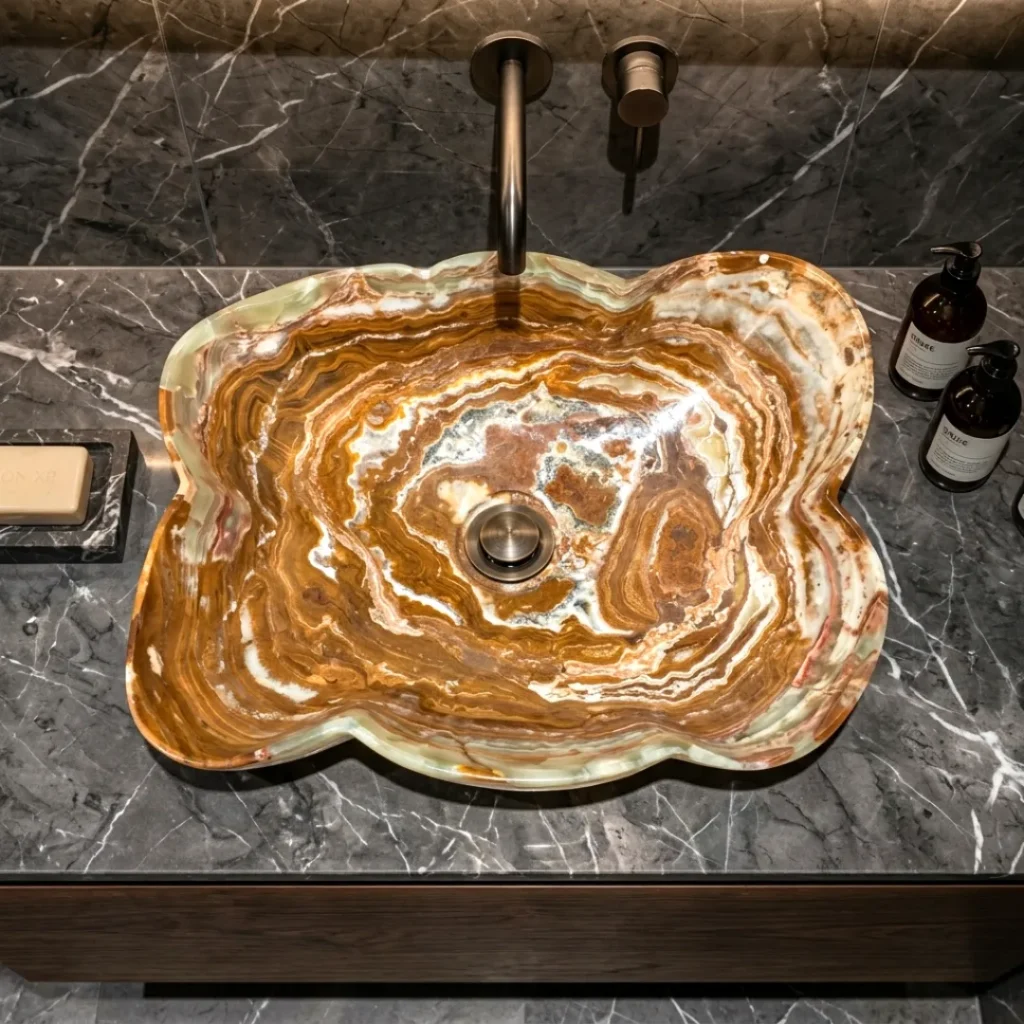 Small onyx bathroom sink in natural brown onyx installed as a countertop basin on a modern bathroom vanity cabinet, ideal for compact bathrooms