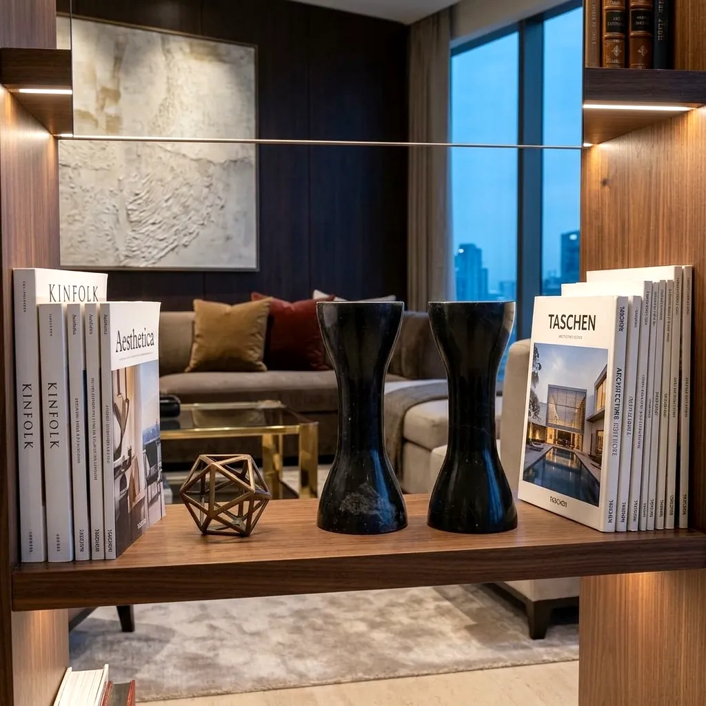 Pesas decorativas de diseño colocadas en una estantería del salón, integrándose como objetos de decoración contemporánea.