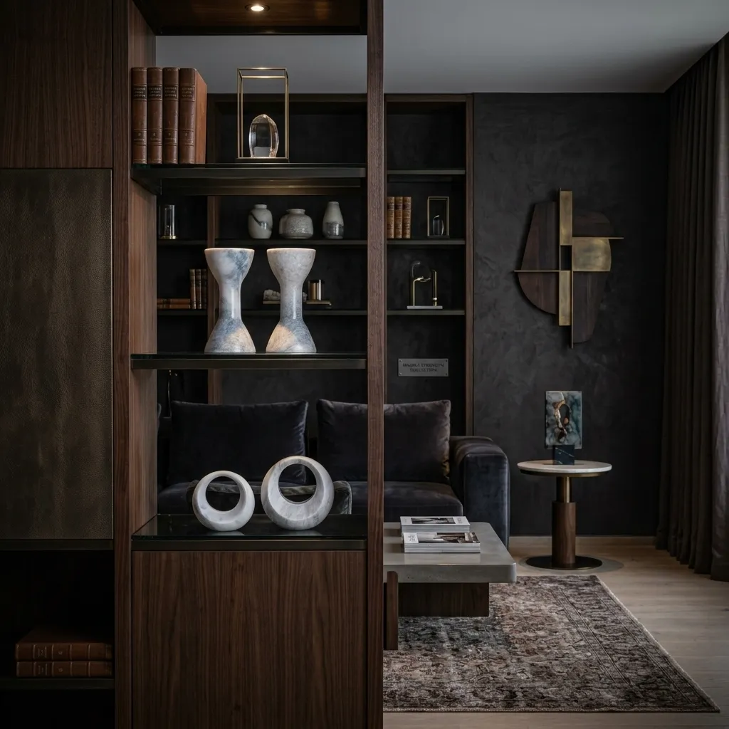 Pesas decorativas de mármol blanco expuestas sobre una estantería con libros en salón moderno, mancuernas de diseño integradas en la decoración del hogar.