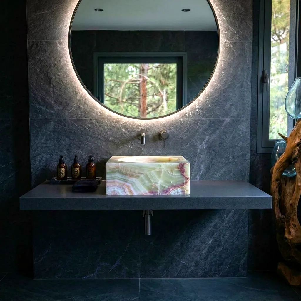 Lavabo en onyx naturel à la silhouette carrée monté sur des supports muraux dans un espace contemporain