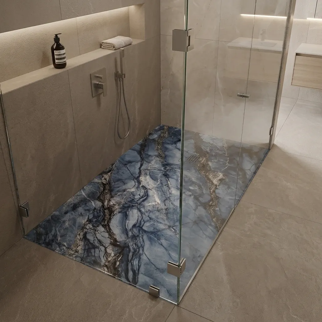 Plato para ducha efecto mármol integrado en un baño de estilo contemporáneo, con perfil fino y superficie que aporta continuidad visual al espacio.