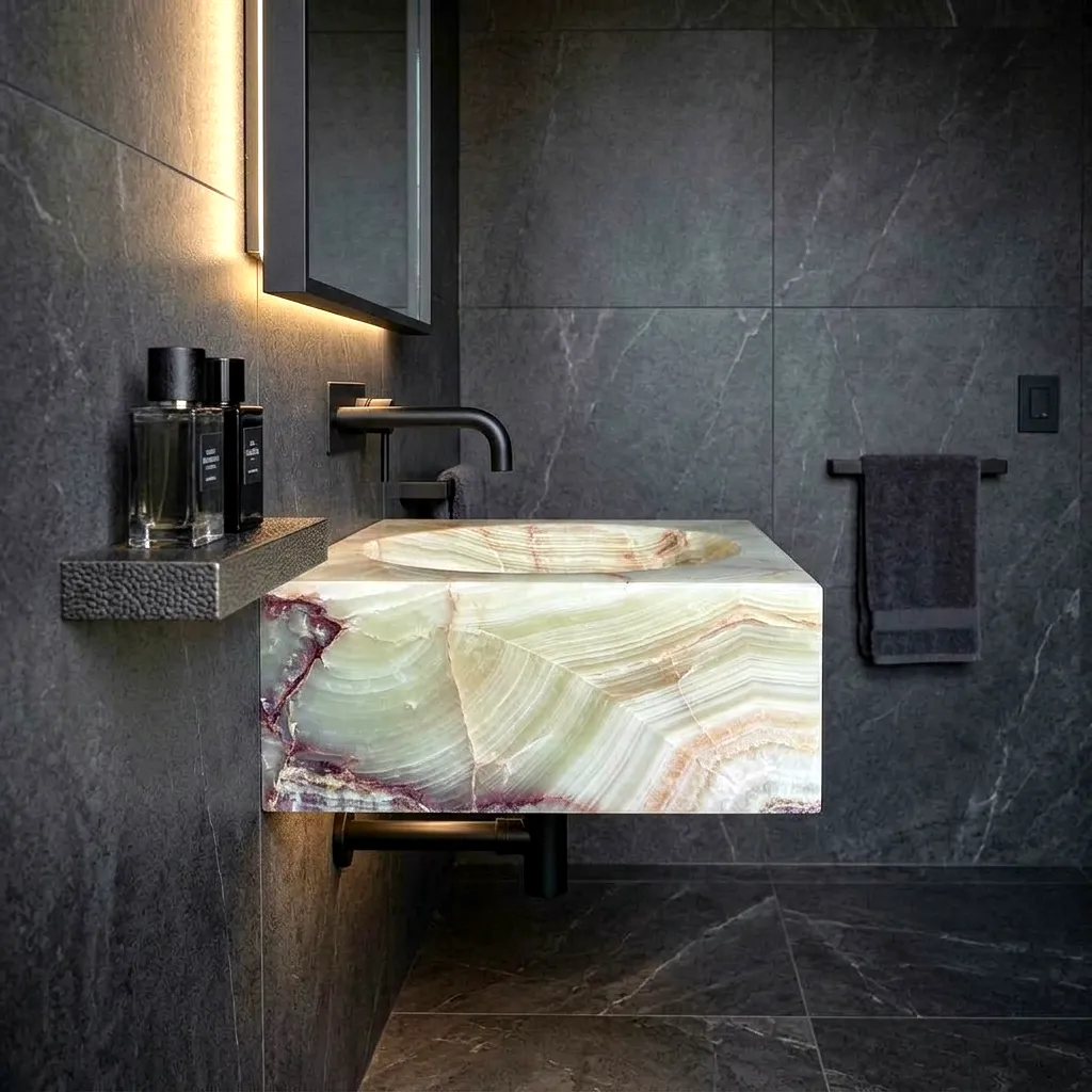 Lavabo a pared de ónix verde claro suspendido sobre soportes metálicos en un baño de diseño minimalista