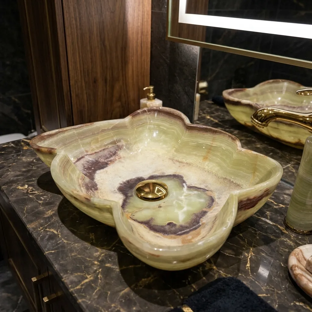 Petite vasque en onyx vert clair posée sur un plan de toilette en bois dans une salle de bain moderne