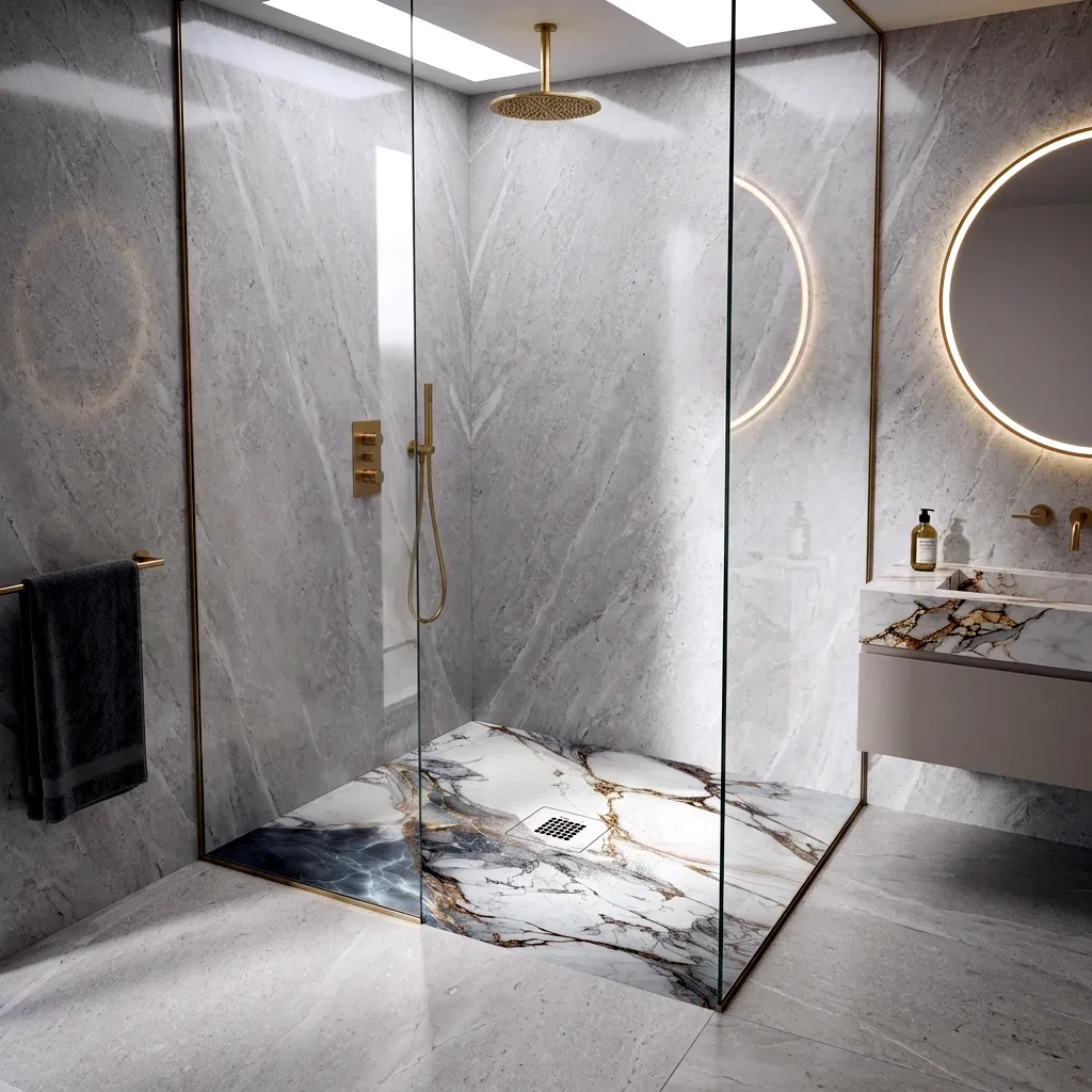 Plato para ducha de mármol blanco con diseño minimalista y perfil reducido, integrado en un baño contemporáneo de líneas arquitectónicas depuradas.