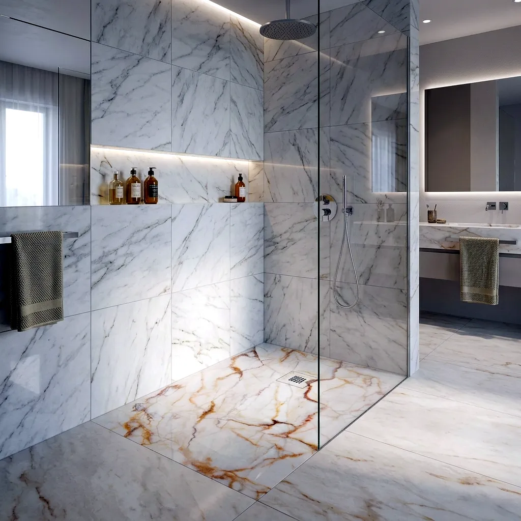 Plato de ducha de carga mineral con efecto mármol blanco instalado en un baño moderno, diseñado para combinar funcionalidad, durabilidad y diseño.
