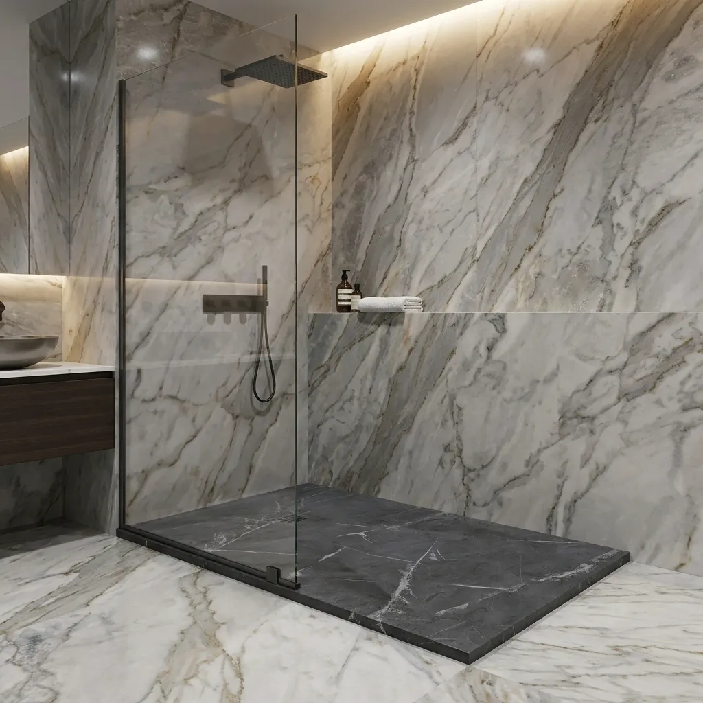 Plato de ducha efecto mármol negro en un baño de diseño actual, una solución elegante con perfil bajo para una instalación a ras de suelo.
