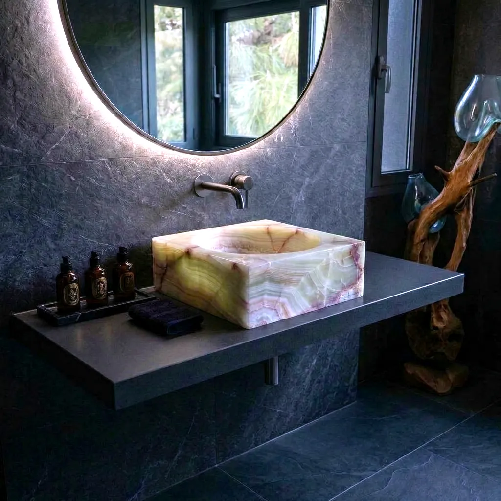 Vasque murale en onyx vert clair avec fixation invisible dans une salle de bain moderne