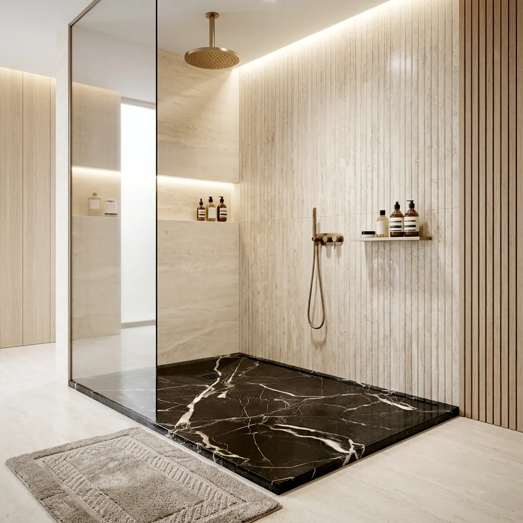 Plato de ducha mármol negro instalado en un baño contemporáneo, con perfil extraplano y acabado de carga mineral integrado en una zona de ducha de líneas modernas.
