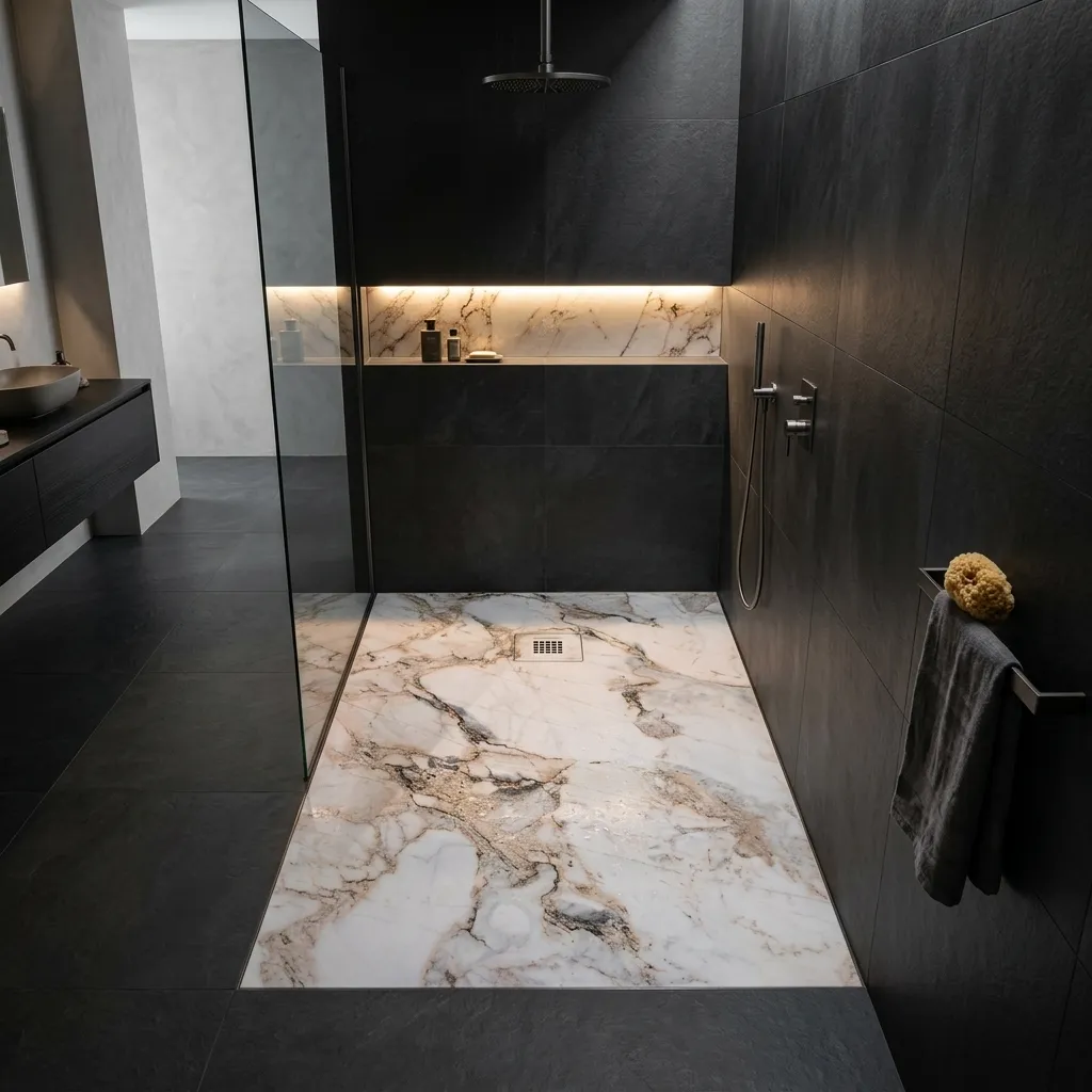 Plato de ducha mármol blanco instalado en un baño contemporáneo, con perfil extraplano y acabado de carga mineral integrado en un diseño moderno y elegante.