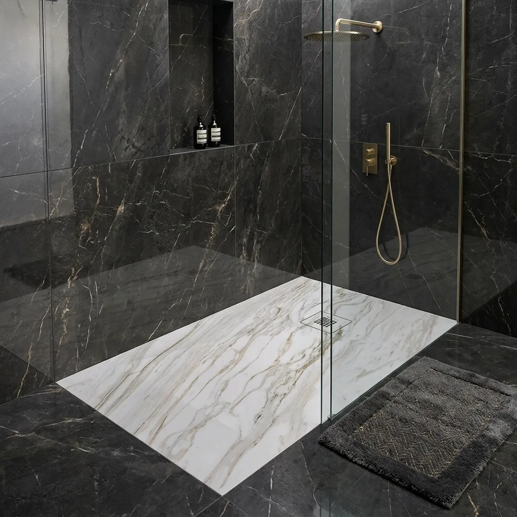 Plato de ducha extraplano de carga mineral en un baño contemporáneo, una opción elegante para proyectos de interiorismo con acabados de alta calidad.